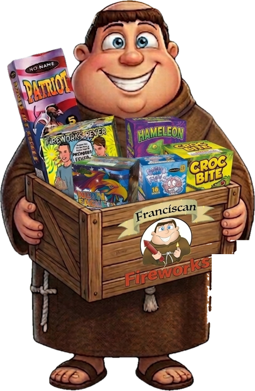 Frank the friar mascot holding a crate of fireworks